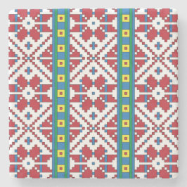 トライバルレッド、ブルー、およびホワイトスターの幾何学的パターン ストーンコースター