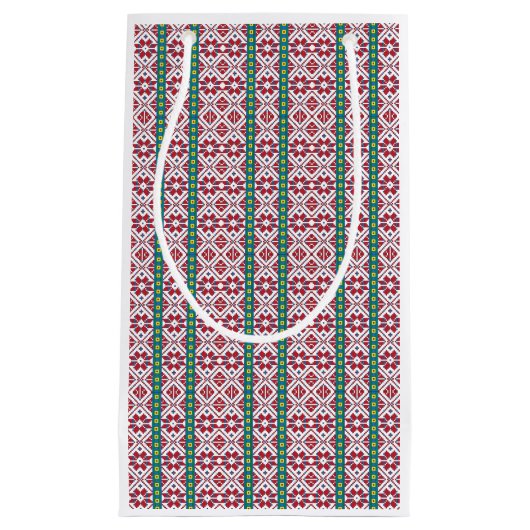 トライバルレッド、ブルー、およびホワイトスターの幾何学的パターン スモールペーパーバッグ (正面)