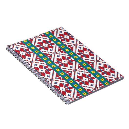 トライバルレッド、ブルー、およびホワイトスターの幾何学的パターン ノートブック (右側)