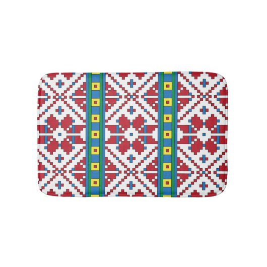 トライバルレッド、ブルー、およびホワイトスターの幾何学的パターン バスマット (正面)