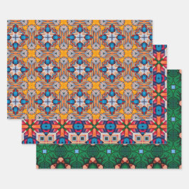 トライバル先住民アートはっきりしたインカラーパターンセット14 ラッピングペーパーシート