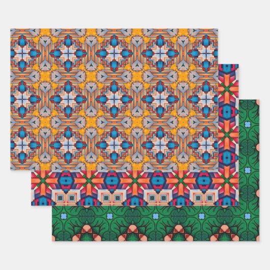 トライバル先住民アートはっきりしたインカラーパターンセット14 ラッピングペーパーシート (セット)