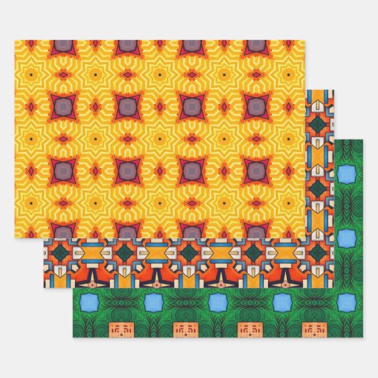 トライバル先住民アートはっきりしたインカラーパターンセット6 ラッピングペーパーシート (セット)