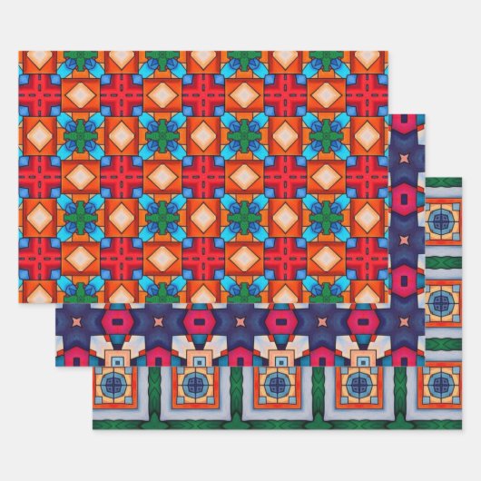 トライバル先住民アートはっきりしたインカラーパターンセット7 ラッピングペーパーシート (セット)