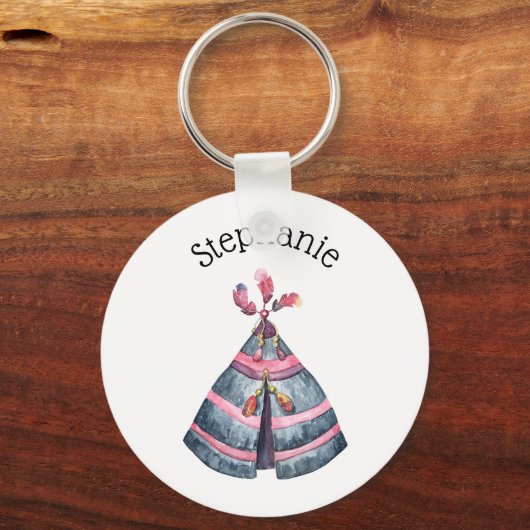 トライバル素朴ウォーター色ウィグワム名前をカスタムする キーホルダー (正面)