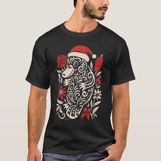 トライバル・カモノハシのクリスマス - タトゥー風デザイン Tシャツ (正面)