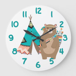 トライバル・ベアとティピのティール（緑がかった色）番号 ラージ壁時計