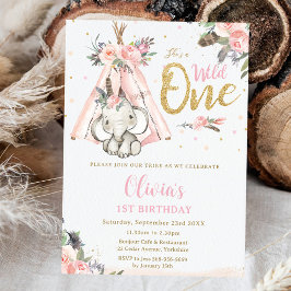 トライバル ボホ エレファント ピンク ワイルド ワン 1歳 誕生日 招待状
