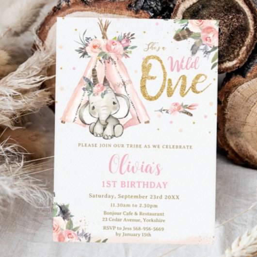 トライバル ボホ エレファント ピンク ワイルド ワン 1歳 誕生日 招待状
