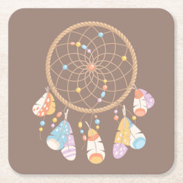 トライバル・ボホ・ドリームキャッチャー・オン・ブラウン スクエアペーパーコースター