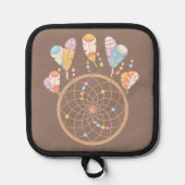 トライバル・ボホ・ドリームキャッチャー・オン・ブラウン 鍋敷き (正面)
