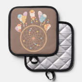 トライバル・ボホ・ドリームキャッチャー・オン・ブラウン 鍋敷き (正面/裏面)