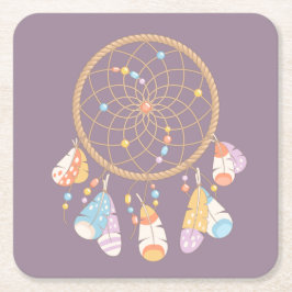 トライバル・ボホ・ドリームキャッチャーon紫 スクエアペーパーコースター