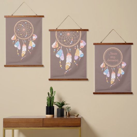 トライバル・ボホ・ドリームキャッチャーON BROWN SET 吊り下げ型タペストリー (非対称)