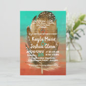 トライバル ボーホー フェザー ティール オレンジ ウェディング 招待状 (スタンド正面)