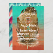 トライバル ボーホー フェザー ティール オレンジ ウェディング 招待状 (正面/裏面)