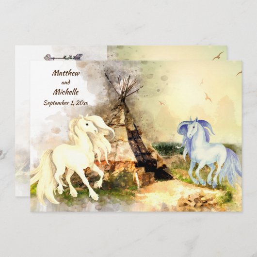 トライバルTipiと愛の馬Boho Teepee 結婚の 招待状 (正面/裏面)