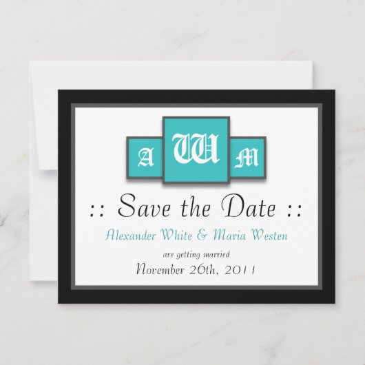トライモノグラム ティール 現代の結婚式 Save the Dates 招待状 (正面)