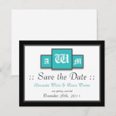 トライモノグラム ティール 現代の結婚式 Save the Dates 招待状 (正面/裏面)