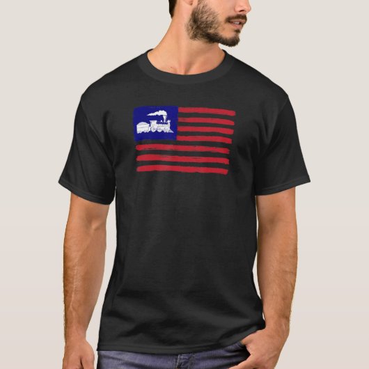 トラインスポッティング列車バフ鉄道ファン米国国旗 Tシャツ (正面)