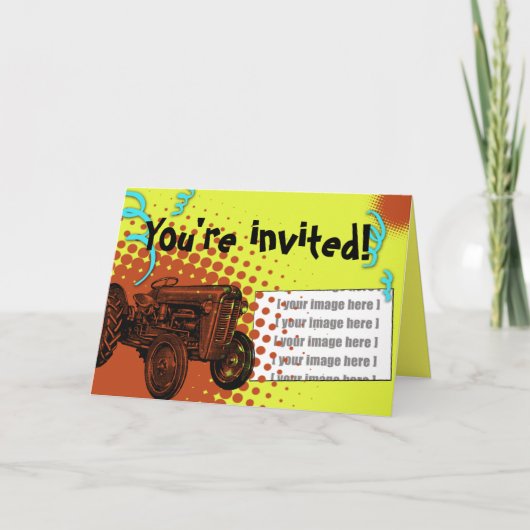 トラクカラフルタパーティの招待状:写真の追加 招待状 (正面)