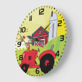 トラクターで歌う鶏とファームシーン ラージ壁時計 (傾斜)