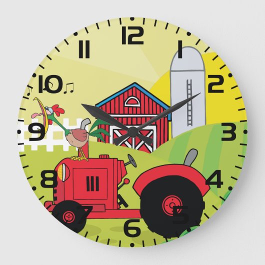 トラクターで歌う鶏とファームシーン ラージ壁時計 (正面)