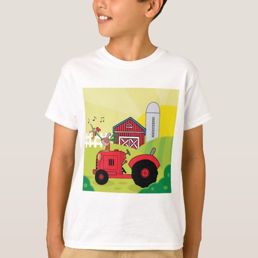 トラクターで歌う鶏とファームシーン Tシャツ (正面)