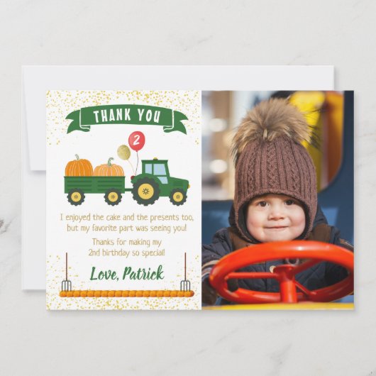 トラクターとカボチャの秋の誕生日写真ありがとうカード サンキューカード (正面)
