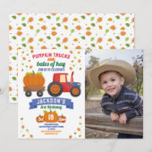 トラクターとカボチャの誕生日ハロウィンパーティーの写真 招待状 (正面/裏面)