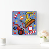 トラクターとブルドーザー水玉模様男の子の部屋 スクエア壁時計 (ホーム)