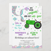 トラクターとマーメイド兄弟姉妹誕生日招待状。 招待状 (正面/裏面)