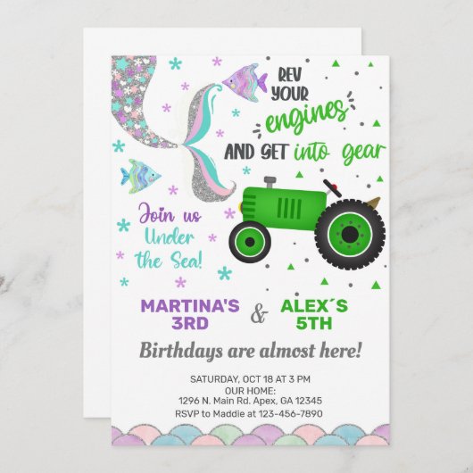 トラクターとマーメイド兄弟姉妹誕生日招待状。 招待状 (正面/裏面)