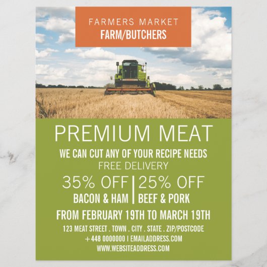 トラクターのある畑、農家と肉屋の広告 チラシ (正面)
