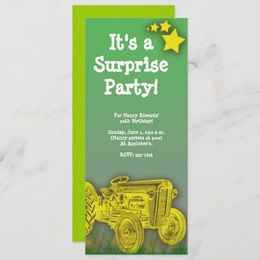 トラクターのサプライズまたは誕生日パーティーの招待 招待状 (正面/裏面)