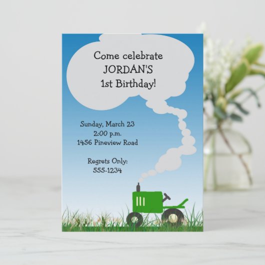 トラクターのパーティの招待状: 緑のトラクター 招待状 (スタンド正面)