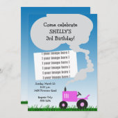 トラクターのフォト招待状:ピンクトラクター 招待状 (正面/裏面)