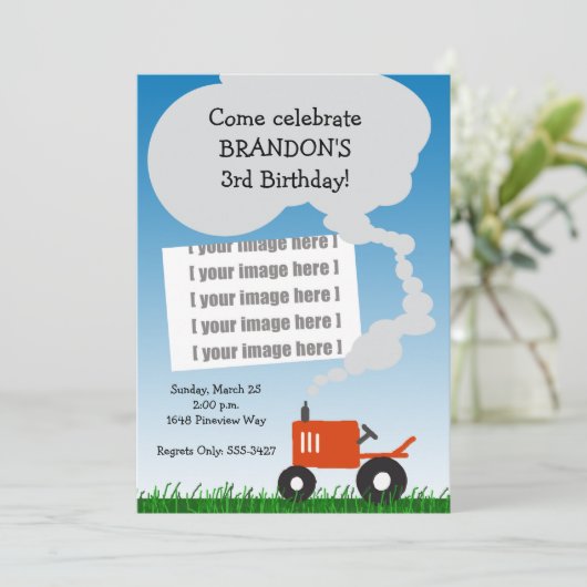 トラクターのフォト招待状:赤トラクタ 招待状 (スタンド正面)