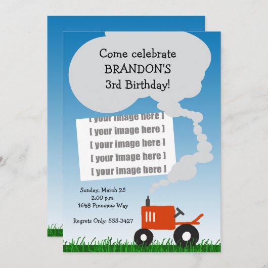トラクターのフォト招待状:赤トラクタ 招待状 (正面/裏面)