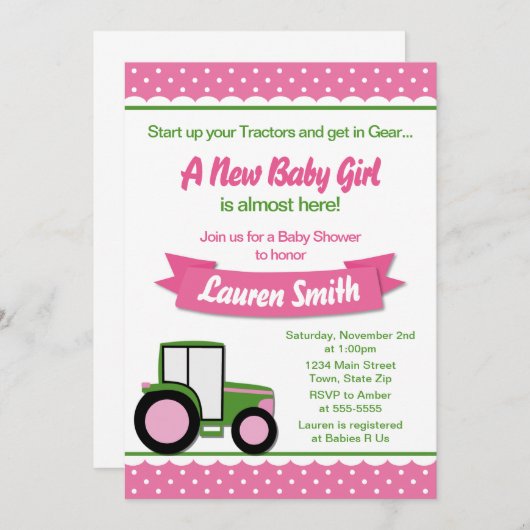 トラクターの女の子のベビーシャワーの招待状5x7カード 招待状 (正面/裏面)