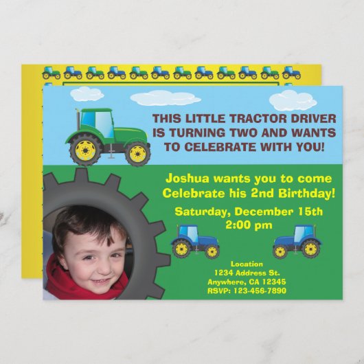 トラクターの誕生日のパーティの招待状 招待状 (正面/裏面)
