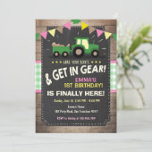 トラクターの誕生日の招待の農場のパーティガールのピンク 招待状 (スタンド正面)