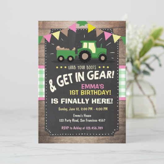 トラクターの誕生日の招待の農場のパーティガールのピンク 招待状 (スタンド正面)