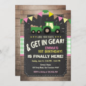 トラクターの誕生日の招待の農場のパーティガールのピンク 招待状 (正面/裏面)