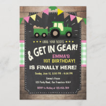 トラクターの誕生日の招待の農場のパーティガールのピンク