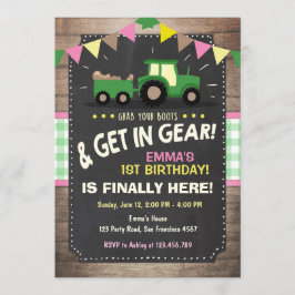 トラクターの誕生日の招待の農場のパーティガールのピンク 招待状