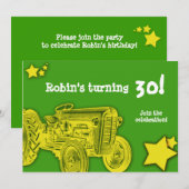 トラクターの誕生日パーティー招待状:明るい黄色 招待状 (正面/裏面)