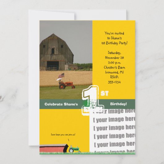 トラクターの誕生日パーティー招待状:納屋とトラクター 招待状 (正面)