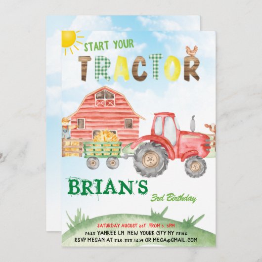 トラクターの起動誕生日招待状 (正面/裏面)