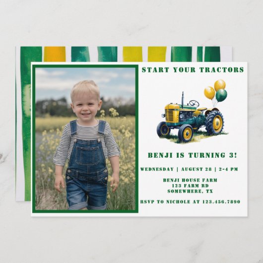 トラクターの開始フォトボーイ誕生日Bash 招待状 (正面/裏面)